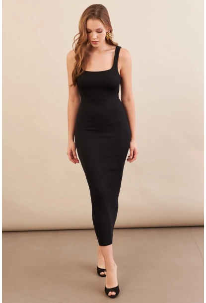 Kadın Siyah Kare Yaka Midi Elbise DMR295-90