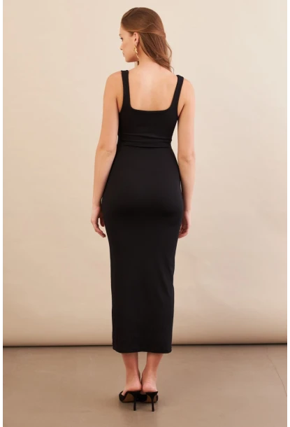 Kadın Siyah Kare Yaka Midi Elbise DMR295-90