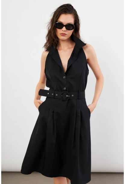 Kadın Siyah Kemerli Cepli Midi Elbise NH101