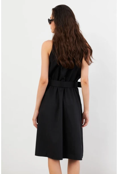 Kadın Siyah Kemerli Cepli Midi Elbise NH101