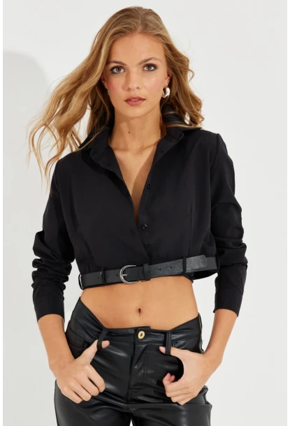 Kadın Siyah Kemerli Kısa Gömlek MEN2017