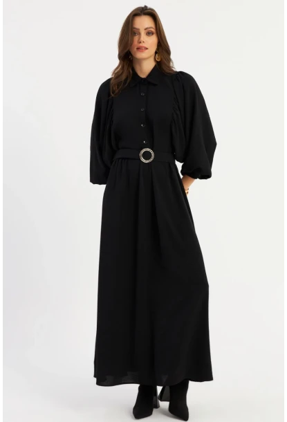 Kadın Siyah Kemerli Maxi Elbise MASF15