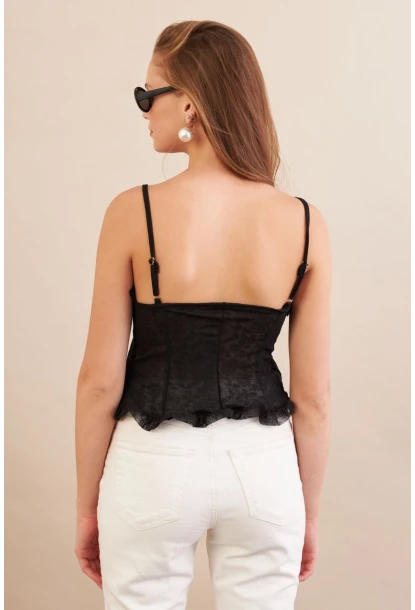 Kadın Siyah Kendinden Desenli Tül Bluz KED7329