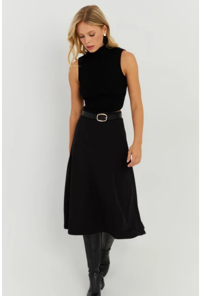 Kadın Siyah Kloş Midi Etek LV173