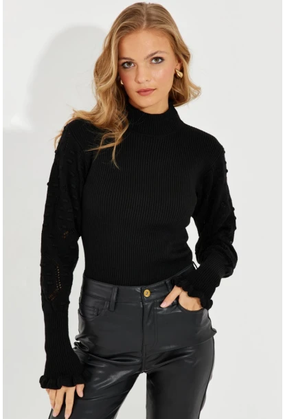 Kadın Siyah Kolları Ajurlu Triko Bluz SMT218