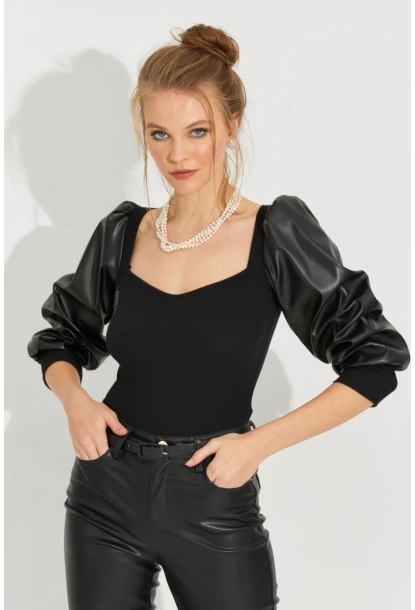 Kadın Siyah Kolları Deri Kaşkorse Bluz Yİ2494