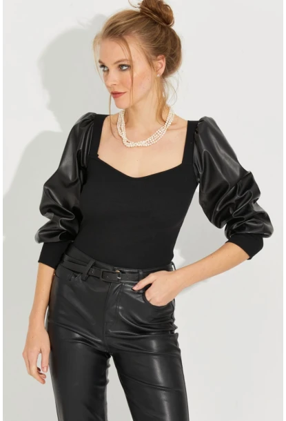 Kadın Siyah Kolları Deri Kaşkorse Bluz Yİ2494