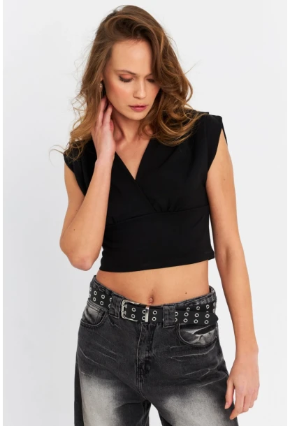 Kadın Siyah Kruvaze Crop Bluz SDY1234