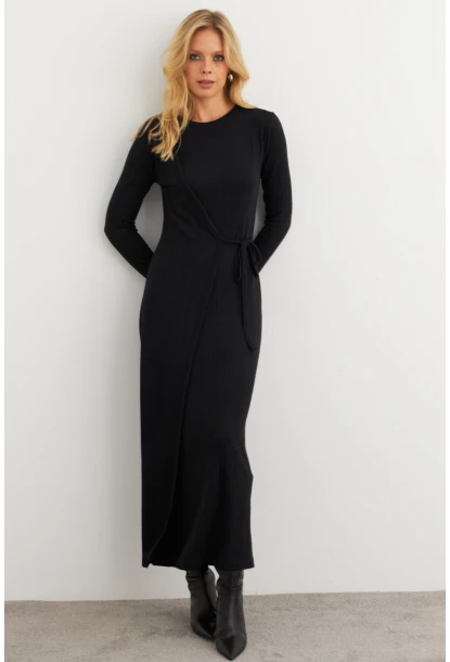 Kadın Siyah Kruvaze Maxi Elbise COL31