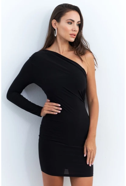 Kadın Siyah Kruvaze Tek Kol Mini Yılbaşı Elbise ELT4035