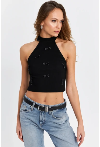 Kadın Siyah Kurdele Detaylı Halter Yaka Bluz MTK13231