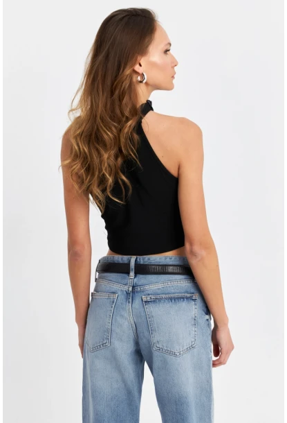 Kadın Siyah Kurdele Detaylı Halter Yaka Bluz MTK13231