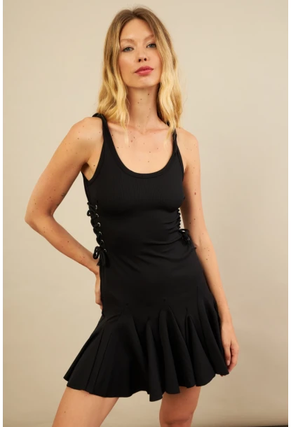 Kadın Siyah Kuş Gözlü Fırfırlı Midi Elbise YEL221710