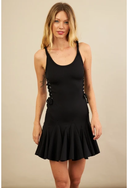 Kadın Siyah Kuş Gözlü Fırfırlı Midi Elbise YEL221710