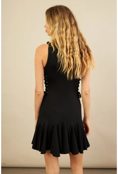 Kadın Siyah Kuş Gözlü Fırfırlı Midi Elbise YEL221710