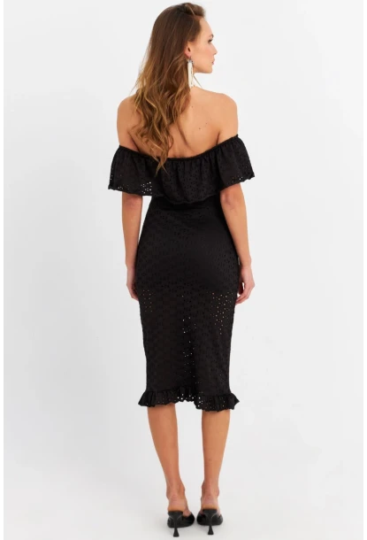 Kadın Siyah Madonna Yaka Astarlı Midi Elbise LİT105-90