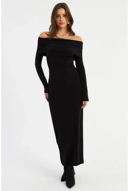 Kadın Siyah Madonna Yaka Maxi Elbise LİK10