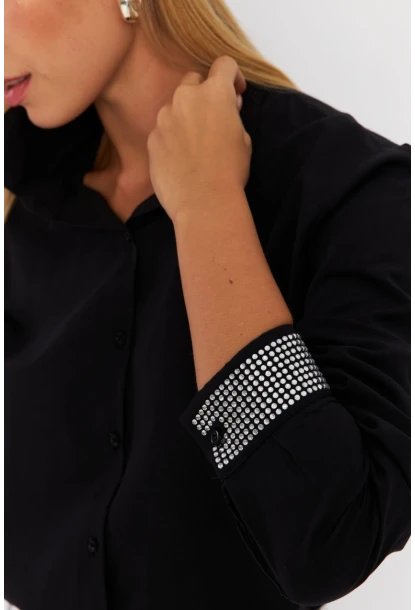 Kadın Siyah Manşeti Taşlı Gömlek ZER415
