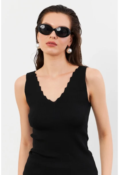 Kadın Siyah Merdiven Yaka Triko Bluz YV83