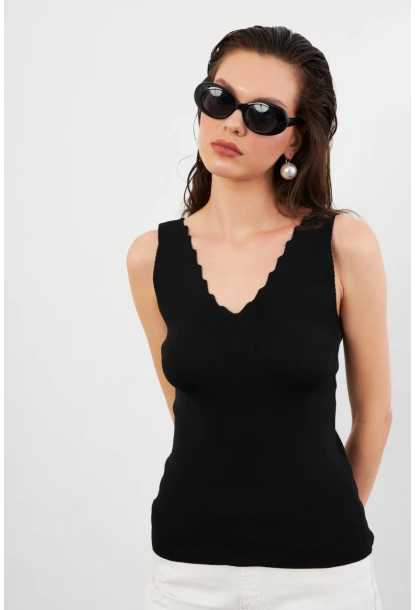 Kadın Siyah Merdiven Yaka Triko Bluz YV83