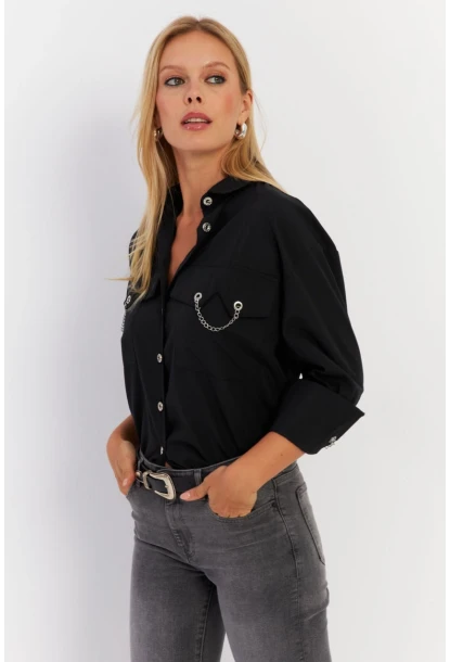 Kadın Siyah Metal Detaylı Gömlek ASF13