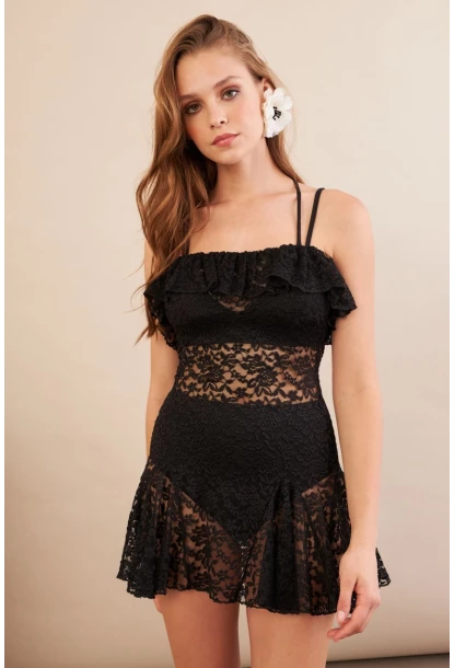 Kadın Siyah Mini Dantel Plaj Elbisesi DCF066