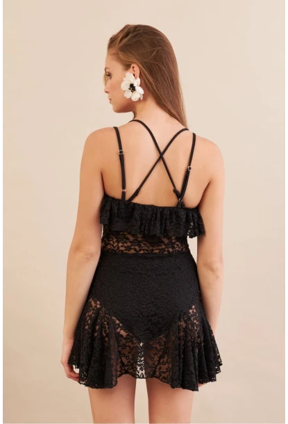 Kadın Siyah Mini Dantel Plaj Elbisesi DCF066
