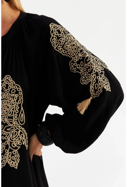 Kadın Siyah Nakışlı Volanlı Maxi Elbise MALO7