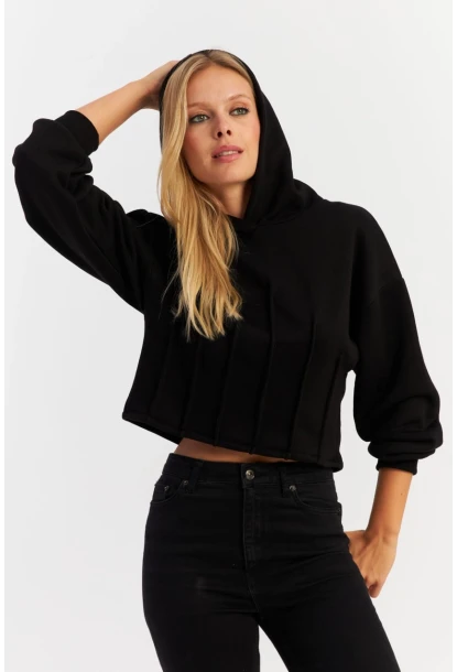 Kadın Siyah Nervüllü Üç İplik Sweatshirt TF13