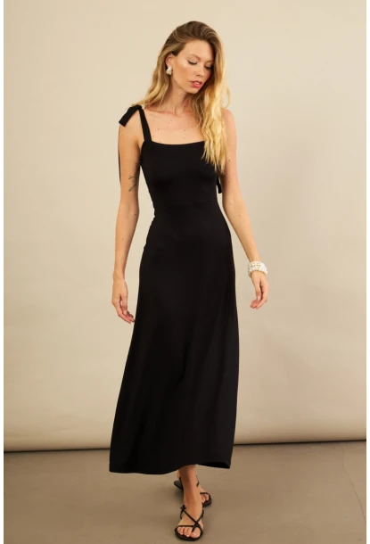 Kadın Siyah Omuz Fiyonklu Midi Elbise EY3119