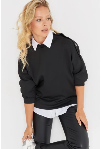 Kadın Siyah Omuz Taşlı Dalgıç Sweatshirt ST824