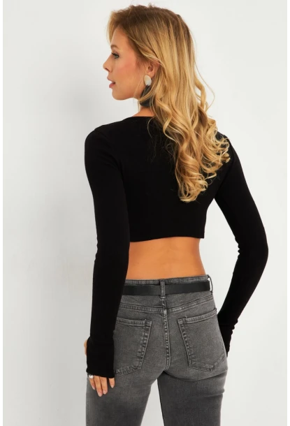 Kadın Siyah Omuzları Pencereli Kaşkorse Crop Bluz B5024