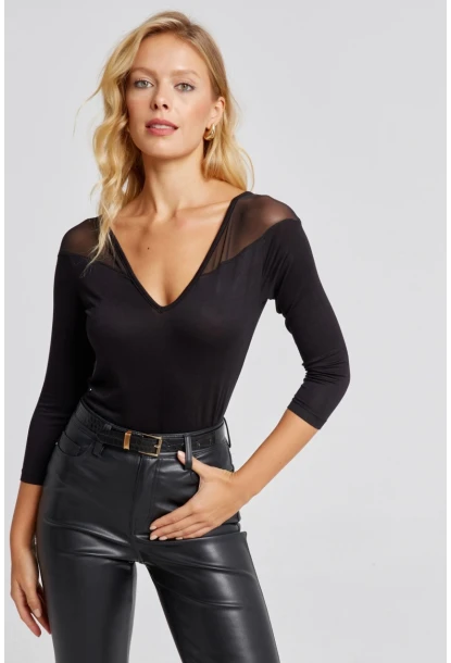 Kadın Siyah Ön Arka V Tül Detaylı Bluz Yİ2502