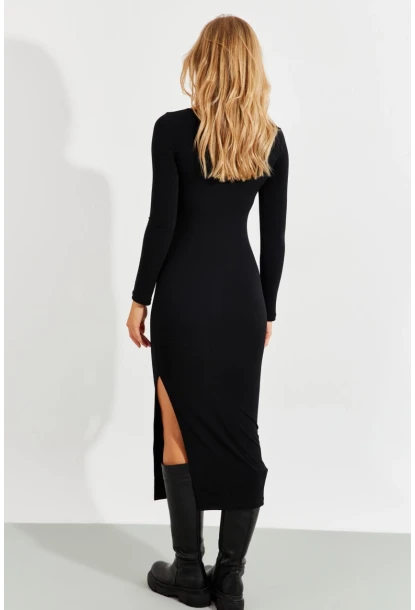 Kadın Siyah Önü Açık Yırtmaçlı Midi Elbise B225