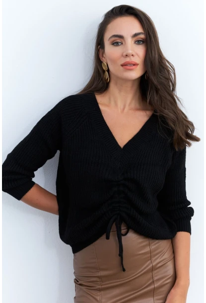 Kadın Siyah Önü Arka V Önü Büzgülü Kazak KAZ29