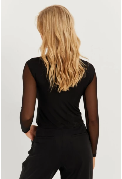 Kadın Siyah Önü Düğümlü Tül Bluz KS118