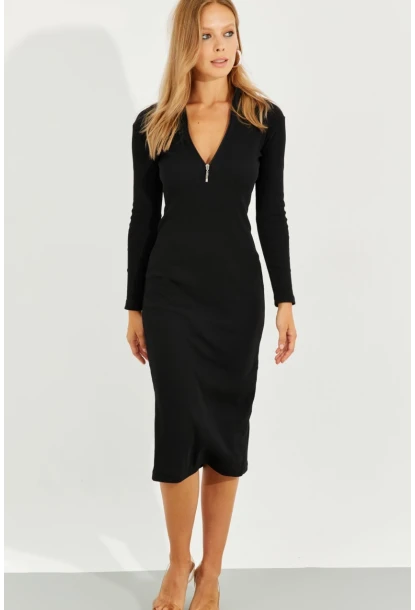 Kadın Siyah Önü Fermuarlı Kaşkorse Midi Elbise EY2547