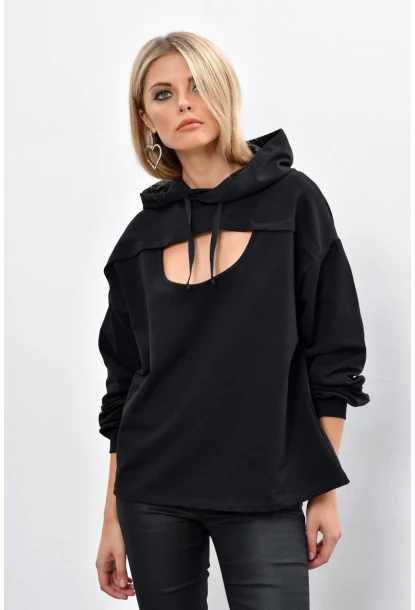 Kadın Siyah Önü Pencereli Kapüşonlu Sweatshirt Yİ1669