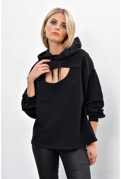 Kadın Siyah Önü Pencereli Kapüşonlu Sweatshirt Yİ1669
