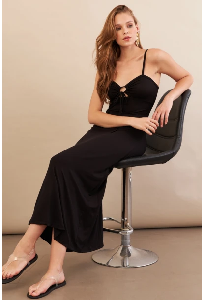 Kadın Siyah Önü Pencereli Midaxi Elbise EY3114