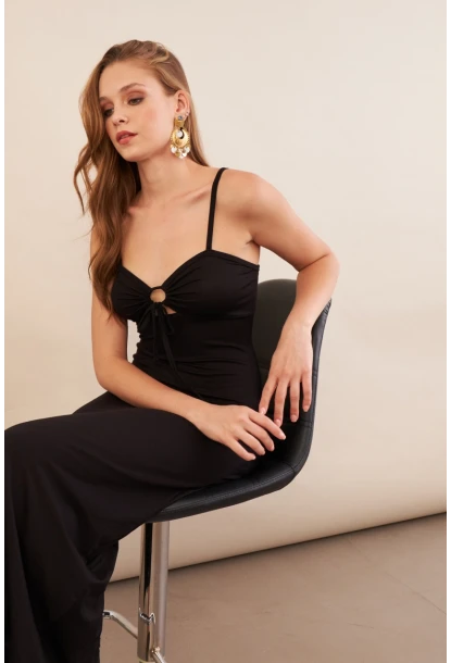 Kadın Siyah Önü Pencereli Midaxi Elbise EY3114