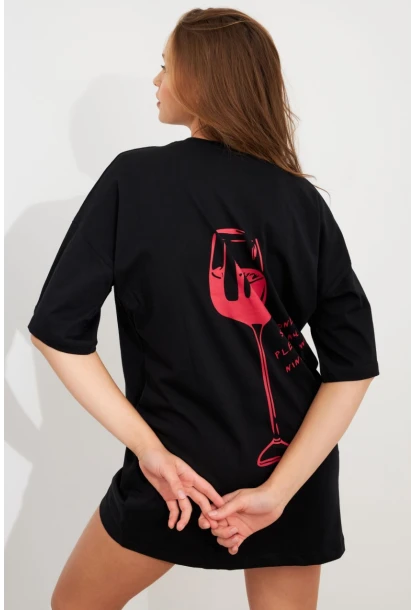 Kadın Siyah Oversize Pijama T-Shirt TPG14