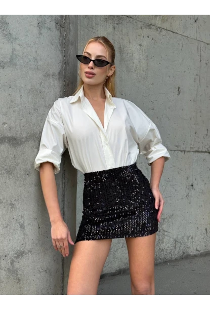 Kadın Siyah Payetli Şortlu Mini Etek