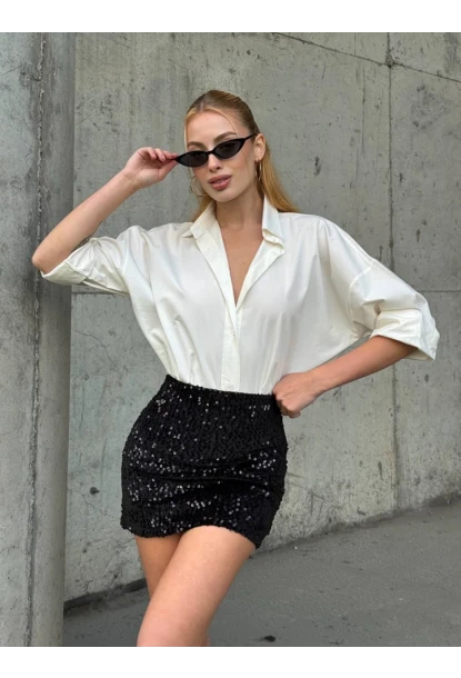 Kadın Siyah Payetli Şortlu Mini Etek
