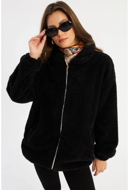 Kadın Siyah Peluş Mont MLYT58
