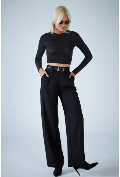 Kadın Siyah Plili Geniş Paça Pantolon DER3008