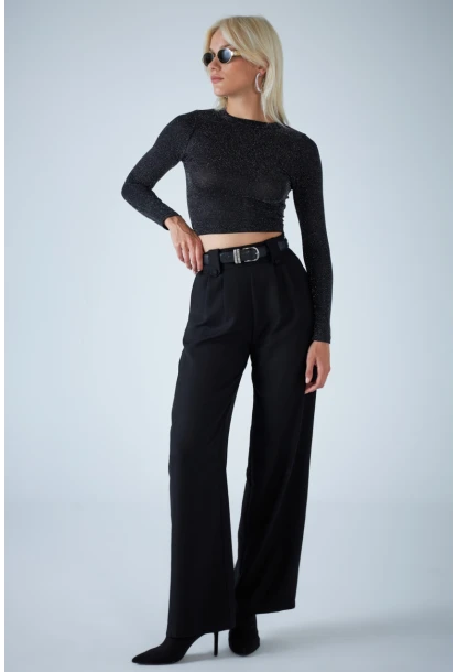 Kadın Siyah Plili Geniş Paça Pantolon DER3008