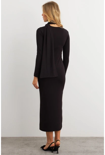 Kadın Siyah Şal Detaylı Midi Elbise EY3010