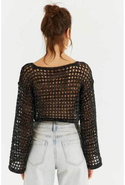 Kadın Siyah Simli Ajurlu Triko Kısa Bluz YV141