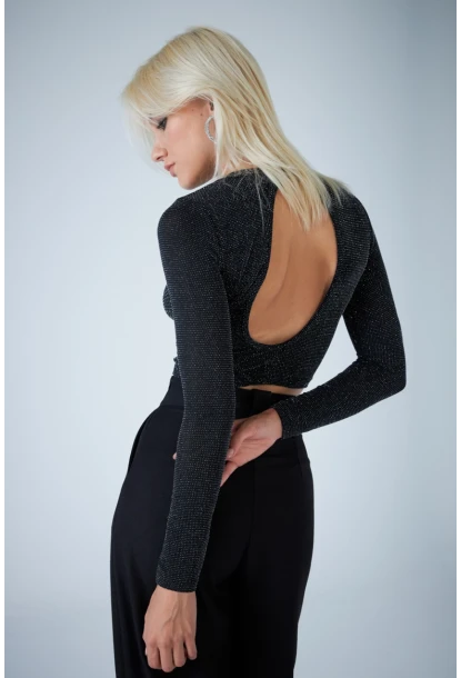 Kadın Siyah Sırt Dekolteli Parlak Bluz ELT184